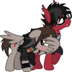Size: 1095x1099 | Tagged: safe, artist:lightningbolt, derpibooru exclusive, bat pony, pegasus, pony, g4, .svg available, bat wings, blush sticker, blushing, clandestine industries, clothes, clothes swap, ear fluff, embarrassed, emo, facewing, fall out boy, fangs, floppy ears, gay, glasses, hoodie, hug, jewelry, looking back, male, messy mane, mikey way, my chemical romance, necklace, partially open wings, pete wentz, ponified, raised hoof, rolled up sleeves, shipping, shirt, show accurate, shy, simple background, slit pupils, stallion, svg, t-shirt, transparent background, vector, walking, wing hands, winghug, wings, wristband
