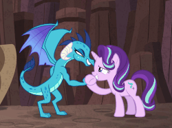 Size: 726x540 | Tagged: safe, screencap, princess ember, starlight glimmer, dragon, pony, unicorn, celestial advice, g4, season 7, animated, chest bump, cute, dragoness, duo, duo female, emberbetes, eyes closed, female, gif, glimmerbetes, grin, looking at each other, loop, mare, perfect loop, smiling, smiling at each other