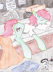 Size: 1614x2200 | Tagged: safe, artist:wyren367, oc, oc only, oc:scratch build, blueprint, burnt toast, colored pencil drawing, messy bed, messy mane, sleep talking, sleeping, traditional art