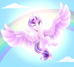 Size: 3211x2904 | Tagged: safe, artist:scarlet-spectrum, starlight glimmer, alicorn, pony, g4, alicornified, cute, ear fluff, female, flying, glimmerbetes, high res, large wings, majestic, race swap, rainbow, raised hoof, sky, smiling, solo, spread wings, starlicorn, wings