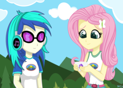 Size: 2664x1904 | Tagged: safe, artist:lovelygirlmusicer, dj pon-3, fluttershy, vinyl scratch, equestria girls, g4, my little pony equestria girls: legend of everfree, breasts, camp everfree outfits, clothes, female, headphones, sunglasses, tree