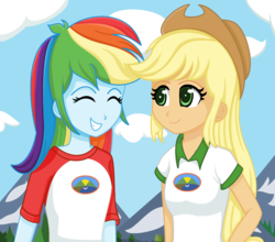 Size: 2176x1916 | Tagged: safe, artist:lovelygirlmusicer, applejack, rainbow dash, equestria girls, g4, my little pony equestria girls: legend of everfree, camp everfree outfits, cowboy hat, cute, eyes closed, hat, mountain, stetson, tree
