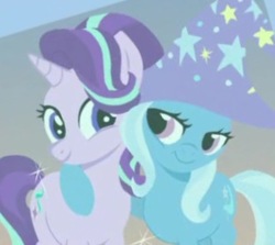 Size: 427x381 | Tagged: safe, screencap, starlight glimmer, trixie, pony, celestial advice, g4, best friends, clothes, hat, trixie's hat