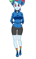 Size: 1500x2461 | Tagged: safe, artist:philelmago, rainbow dash, equestria girls, g4, alternate hairstyle, breasts, clothes, compression shorts, female, hand in pocket, looking at you, simple background, solo, transparent background