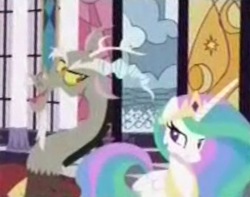 Size: 517x408 | Tagged: safe, screencap, discord, princess celestia, alicorn, pony, celestial advice, g4, cropped, female, mare