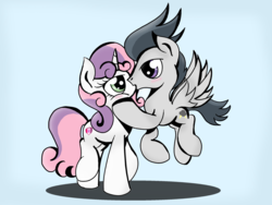 Size: 1600x1200 | Tagged: safe, artist:vanguardguy, rumble, sweetie belle, g4, female, kissing, male, older, ship:rumbelle, shipping, straight
