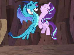 Size: 726x540 | Tagged: safe, screencap, princess ember, starlight glimmer, dragon, pony, celestial advice, g4, animated, chest bump, emberglimmer, female, gif