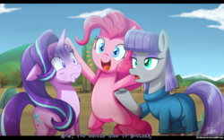 Size: 2096x1304 | Tagged: safe, artist:the-butch-x, boulder (pet), maud pie, pinkie pie, starlight glimmer, earth pony, pony, unicorn, belly button, female, grammar error, hilarious in hindsight, lesbian, now kiss, rock, shipping, signature, starmaud