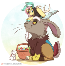 Size: 900x910 | Tagged: safe, artist:inuhoshi-to-darkpen, angel bunny, discord, fluttershy, pegasus, pony, rabbit, g4, bunny ears, clothes, costume, cute, dangerous mission outfit, discute, easter, easter egg, feathered fetlocks, female, goggles, hoodie, mare, patreon, patreon logo, shyabetes, sitting on head, smiling, trio