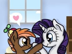 Size: 1600x1200 | Tagged: safe, artist:vanguardguy, button mash, rarity, earth pony, unicorn, g4, boop, colt, duo, duo male and female, female, foal, hat, heart, horn, male, mare, propeller hat, rarimash, shipping, smiling, straight, window