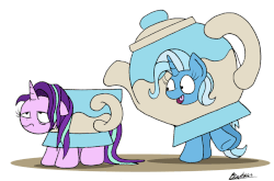 Size: 800x527 | Tagged: safe, artist:bobthedalek, edit, editor:totallynotanoob, starlight glimmer, trixie, pony, unicorn, all bottled up, g4, animated, clothes, costume, cup, cute, diatrixes, drink, drink costume, female, food, food costume, funny, gif, happy, mare, simple background, starlight glimmer is not amused, stressed, tea, tea costume, teacup, teacup costume, teapot, teapot costume, that pony sure does love teacups, unamused, white background