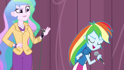 Size: 1280x720 | Tagged: safe, screencap, princess celestia, principal celestia, rainbow dash, equestria girls, g4, my little pony equestria girls: friendship games, clothes, curtains, duo, eyes closed, female, microphone, motion blur, open mouth, pants, skirt, wristband