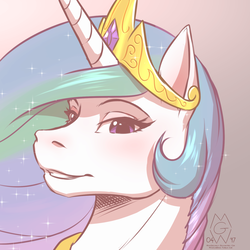 Size: 1425x1425 | Tagged: safe, artist:mykegreywolf, princess celestia, alicorn, pony, g4, bust, crown, female, hoers, jewelry, looking at you, mare, portrait, regalia, smiling, solo, sparkling, sternocleidomastoid