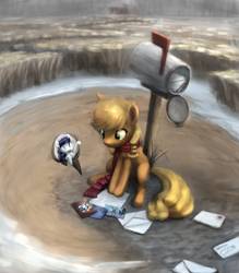 Size: 695x792 | Tagged: safe, artist:bakuel, applejack, coloratura, earth pony, pony, g4, clothes, female, letter, mail, mailbox, mare, photo, scarf, smiling, younger