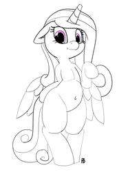 Size: 1280x1721 | Tagged: safe, artist:pabbley, princess cadance, pony, g4, belly button, bipedal, female, looking at you, missing cutie mark, partial color, simple background, solo, white background, wide hips