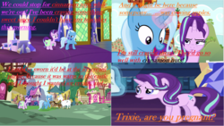 Size: 2732x1540 | Tagged: safe, edit, edited screencap, screencap, bulk biceps, starlight glimmer, trixie, pony, unicorn, all bottled up, every little thing she does, g4, caption, cinnamon nuts, female, food, implied pregnancy, mare, twilight's castle