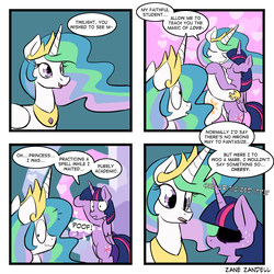 Size: 1125x1125 | Tagged: safe, artist:zanezandell, princess celestia, twilight sparkle, alicorn, pony, celestial advice, g4, 4koma, anime dialogue, caught, comic, female, lesbian, magic, ship:twilestia, shipping, there is no wrong way to fantasize, twilight sparkle (alicorn)