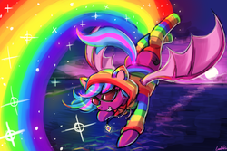 Size: 3000x2000 | Tagged: safe, artist:lumineko, oc, oc only, oc:spanking shade, bat pony, pony, cat ears, clothes, cute, cutie mark, female, goggles, high res, hoodie, nyan cat, parkour, rainbow socks, rainbows, socks, solo, sparkly, striped socks