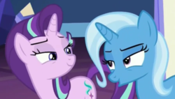 Size: 1014x574 | Tagged: safe, screencap, starlight glimmer, trixie, pony, all bottled up, g4, lidded eyes, out of context, twilight's castle