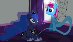 Size: 11200x6400 | Tagged: safe, artist:parclytaxel, princess luna, oc, oc:parcly taxel, alicorn, genie, genie pony, pony, ain't never had friends like us, albumin flask, .svg available, absurd resolution, alicorn oc, bedroom, blinds, bottle, cremona-richmond configuration, floating, glowing horn, horn ring, looking down, looking up, magic, math, prone, rubbing, smiling, vector, wallpaper, whiteboard, window, wish