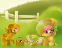 Size: 1280x1000 | Tagged: safe, artist:starchasesketches, oc, oc only, oc:easter paint, oc:peep sweetie, bow, easter, easter egg, female, fence, filly, flower, grass, grass field, hat, hooves up, lying down, sparkles, sparkly mane, spring