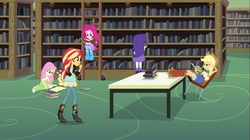 Size: 1100x618 | Tagged: safe, screencap, angel bunny, applejack, fluttershy, pinkie pie, rarity, sunset shimmer, equestria girls, g4, my little pony equestria girls: friendship games, book, bookshelf, boots, clothes, cowboy boots, cowboy hat, denim skirt, hat, high heel boots, jacket, ladder, leather jacket, library, rear view, skirt, socks, stetson, table