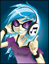 Size: 900x1162 | Tagged: safe, artist:onceuponadoodle, dj pon-3, vinyl scratch, human, g4, bra, clothes, headphones, humanized, lipstick, nail polish, off shoulder, solo, underwear, watermark