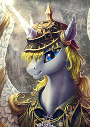 Size: 1024x1448 | Tagged: safe, artist:begasus, oc, oc only, alicorn, pony, alicorn oc, blue eyes, clothes, commission, female, glowing horn, helmet, horn, looking at you, magic, mare, pickelhaube, smiling, uniform