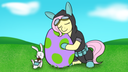 Size: 1280x720 | Tagged: safe, artist:mkogwheel, angel bunny, fluttershy, pegasus, pony, g4, bunny ears, chocolate, clothes, costume, dangerous mission outfit, easter, easter egg, female, food, goggles, hoodie, hug, mare, smiling