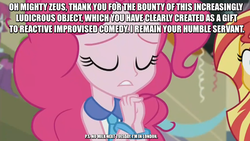 Size: 1136x640 | Tagged: safe, edit, screencap, mystery mint, pinkie pie, sunset shimmer, equestria girls, g4, my little pony equestria girls: friendship games, ashens, bracelet, image macro, jewelry, meme, necktie, pinkie pie praying, youtube link, zeus