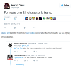 Size: 1253x1138 | Tagged: safe, boast busters, g4, female, implications, lauren faust, meme origin, meta, text, trans female, trans trixie, transgender, twitter, word of faust