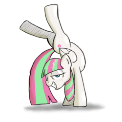 Size: 1280x1280 | Tagged: safe, artist:scherzo, blossomforth, pony, g4, backbend, contortion, contortionist, female, flexible, looking at you, mare, simple background, smiling, solo, that pony sure is flexible, white background