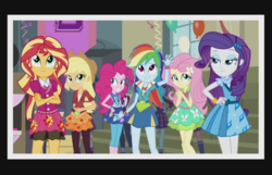 Size: 1000x643 | Tagged: safe, screencap, applejack, fluttershy, indigo zap, lemon zest, pinkie pie, rainbow dash, rarity, sugarcoat, sunny flare, sunset shimmer, equestria girls, g4, my little pony equestria girls: friendship games, balloon, clothes, cute, female, picture, smiling