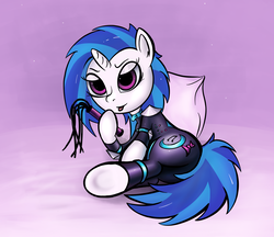 Size: 1873x1620 | Tagged: safe, artist:zeloleluc, dj pon-3, vinyl scratch, g4, bodysuit, cat o' ninetails, tongue out, whip