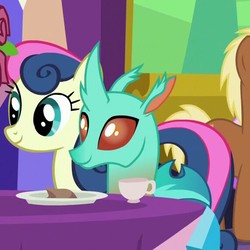 Size: 571x571 | Tagged: safe, screencap, bon bon, cornicle, meadow song, sweetie drops, changedling, changeling, earth pony, pony, celestial advice, g4, background changeling, background pony, bonicle, cropped, cup, duo focus, ponies standing next to each other, teacup