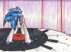 Size: 1000x727 | Tagged: safe, artist:unknownspy, dj pon-3, vinyl scratch, pony, unicorn, g4, female, keyboard, looking at you, musical instrument, record, solo, traditional art