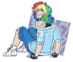 Size: 1009x869 | Tagged: safe, artist:monnarcha, rainbow dash, human, g4, abstract background, bandaid, clothes, converse, ear piercing, earring, female, fingerless gloves, gloves, grin, humanized, jacket, jewelry, looking at you, multicolored hair, piercing, rear view, shoes, sitting, smiling, sneakers, solo, tattoo, varsity jacket