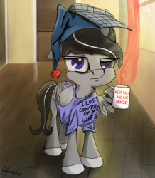 Size: 2556x2934 | Tagged: safe, artist:chopsticks, oc, oc only, oc:chopsticks, pegasus, pony, bloodshot eyes, cheek fluff, chest fluff, clothes, cup, cute, cutie mark, floor, funny, hat, high res, humor, male, morning after, morning ponies, mug, nightcap, shirt, solo, stallion, text, tired, window