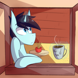 Size: 1000x1000 | Tagged: safe, artist:malphee, oc, oc only, oc:coinshot, pony, unicorn, coffee cup, cup, food, magic, male, solo, stallion, tea