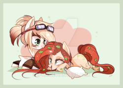 Size: 600x430 | Tagged: safe, artist:ipun, oc, oc only, earth pony, pony, female, goggles, heart eyes, mare, pillow, prone, watermark, wingding eyes