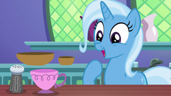 Size: 1280x720 | Tagged: safe, screencap, trixie, pony, unicorn, all bottled up, g4, cup, cute, diatrixes, female, kitchen, mare, open mouth, pepper shaker, raised hoof, solo, teacup, that pony sure does love teacups