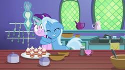 Size: 1280x720 | Tagged: safe, screencap, starlight glimmer, trixie, pony, unicorn, all bottled up, g4, cup, cupcake, cute, diatrixes, eyes closed, female, floppy ears, food, hape, happy, hug, kitchen, lip bite, magic, mare, pepper shaker, sink, smiling, teacakes, teacup, whipped cream