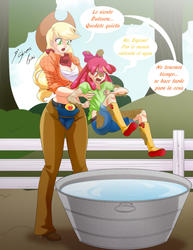 Size: 2153x2786 | Tagged: safe, artist:shinta-girl, apple bloom, applejack, human, equestria girls, g4, bath, bath time, boots, chaps, clothes, duo, equestria girls outfit, female, fence, high res, human coloration, midriff, mud, sisters, spanish, translated in the comments, tub, water
