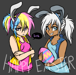 Size: 789x779 | Tagged: safe, artist:moonabelle, oc, oc only, oc:firework, oc:silvery snowcloud, human, bunny ears, easter, easter egg, humanized, magical lesbian spawn, offspring, parent:double diamond, parent:firefly, parent:night glider, parent:surprise, parents:fireprise, parents:nightdiamond