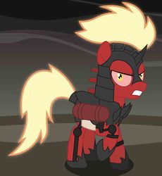 Size: 857x933 | Tagged: safe, artist:rainbowsurvivor, oc, oc only, oc:carnage, pony, unicorn, fallout equestria, fallout equestria: child of the stars, angry, armor, dark, evil, fallout, fire, looking at you, male, meme, rage, rage face, red eyes, solo