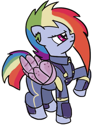 Size: 382x480 | Tagged: safe, artist:php63, rainbow dash, pegasus, pony, g4, alternate timeline, amputee, angry, apocalypse dash, artificial wings, augmented, crystal war timeline, female, looking up, prosthetic limb, prosthetic wing, prosthetics, raised hoof, simple background, solo, torn ear, white background, wings