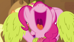 Size: 1280x720 | Tagged: safe, screencap, applejack, fluttershy, pinkie pie, pony, all bottled up, g4, cheerleader, cheerleader pinkie, cute, diapinkes, mawshot, nose in the air, open mouth, pom pom, solo focus, uvula, volumetric mouth