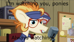 Size: 1280x720 | Tagged: safe, edit, edited screencap, screencap, dave the intern, earth pony, pony, all bottled up, g4, always watching, braces, clock, clothes, glasses, image macro, male, meme, microphone, monsters inc., roz, shirt, smiling, solo, stallion