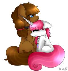 Size: 841x883 | Tagged: safe, artist:kawurin, oc, oc only, oc:pink lovely neko, earth pony, pony, unicorn, female, mare, neck nuzzle, nuzzling, simple background, transparent background