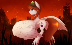 Size: 1920x1200 | Tagged: safe, artist:laptop-pone, oc, oc only, oc:spectrum blaze, pegasus, pony, city, female, gift art, hat, mare, rear view, ruins, solo, spread wings, wings